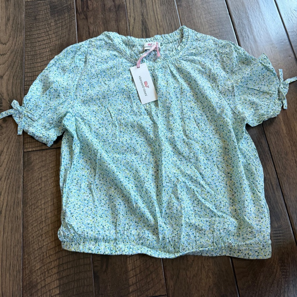 Vineyard Vines Girls XL 16 Floral Blouse Blue Green Puff Sleeve NWT‎